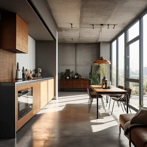 A modern kitchen with a dining table and chairs.