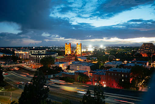an aerial view of the city at night