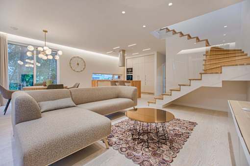 a living room with a couch and a table