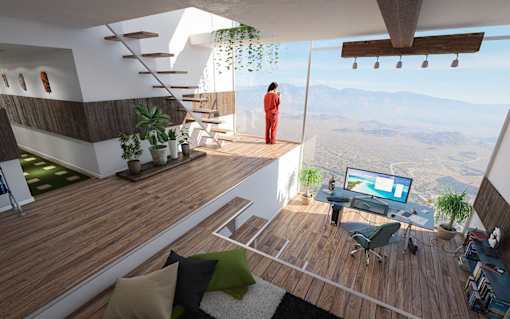 a woman standing on a balcony overlooking a living room with a tv
