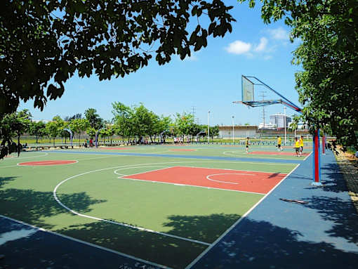 a basketball court in a park on a sunny day