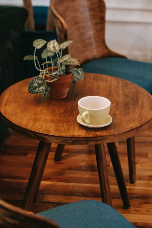 wooden table and chairs, tea cup on table with plant