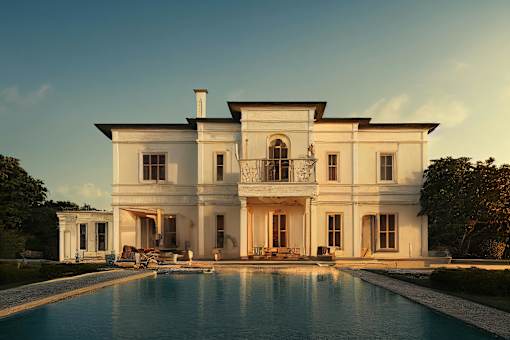 A large white mansion with a pool in front.
