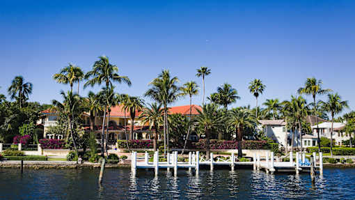 A house with a red roof is surrounded by palm trees.