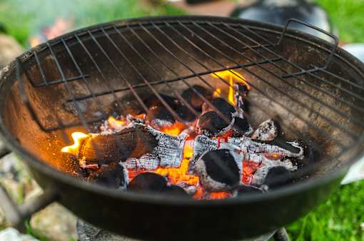 A grill with burning coals and food cooking on it.