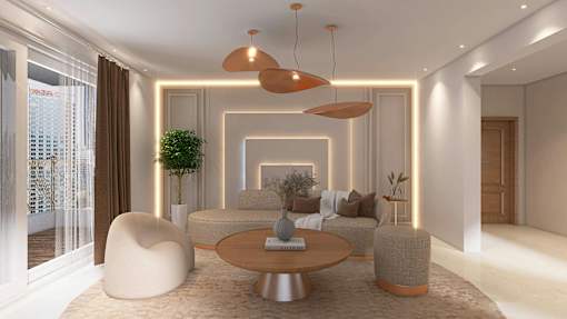 A modern living room with a large heart-shaped chair and a coffee table.