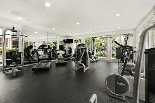 A gym with a variety of equipment including treadmills, weights, and exercise machines.