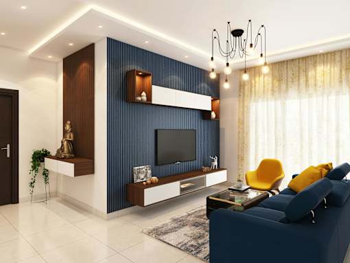 A modern living room with a blue sofa and a television.