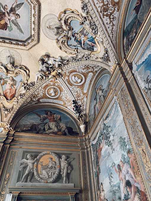 the ceilings in the versailles palace are decorated with frescoes and paintings