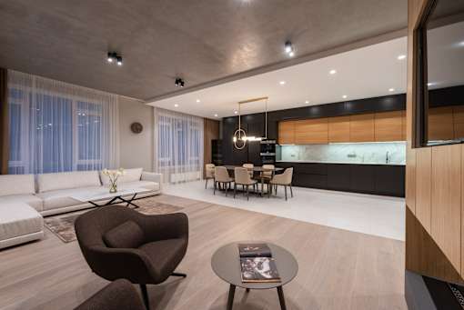 a rendering of a living room and dining room in an apartment