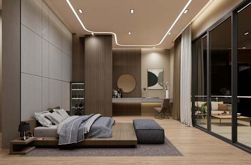 A modern bedroom with a large bed and a wooden floor.