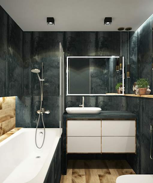 A modern bathroom with a black and white color scheme.