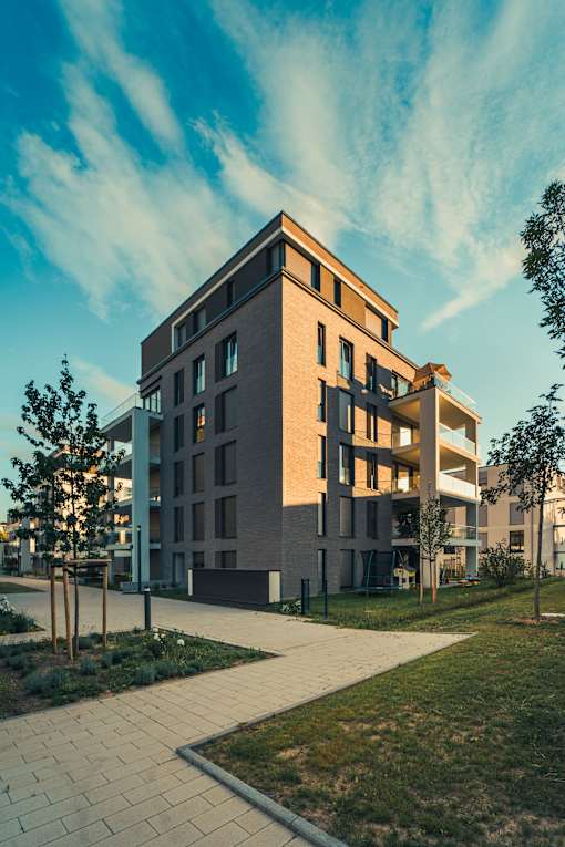 A modern building with a flat roof and large windows is surrounded by a grassy area and trees.