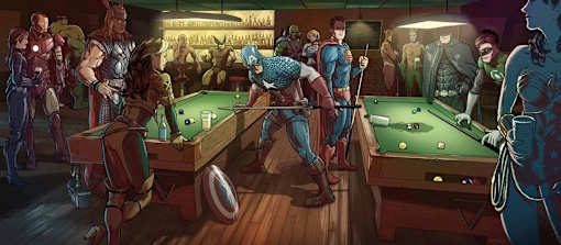 a illustration of a group of people playing a game of pool