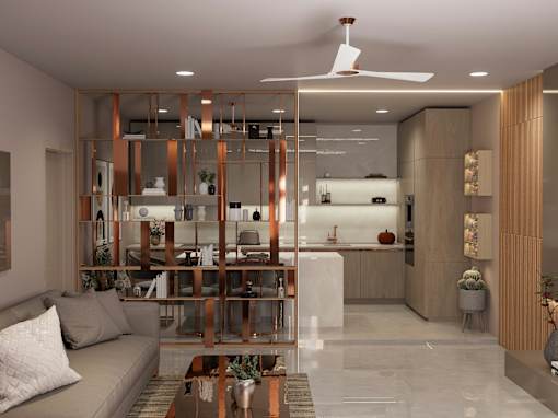 A modern living room with a grey sofa and a glass partition.