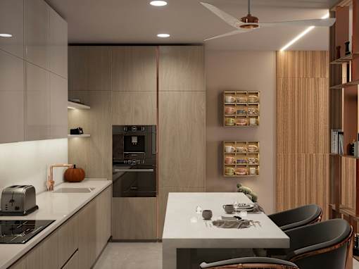 A modern kitchen with a table and chairs.
