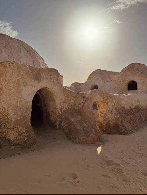 The sun is shining on a rocky landscape with several arches.