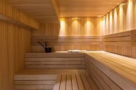 the interior of a wooden sauna in a sauna