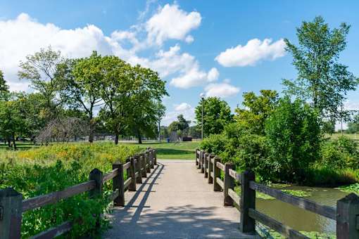 a path through a park with a wooden fence
