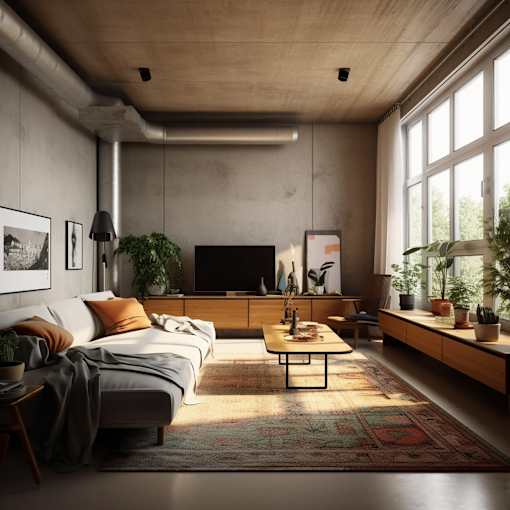A modern living room with a large bed, a coffee table, and a flat-screen TV.