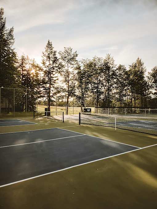A tennis court surrounded by trees and a fence.