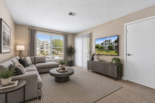 A living room with a grey couch, a coffee table, and a flat screen TV mounted on the wall.