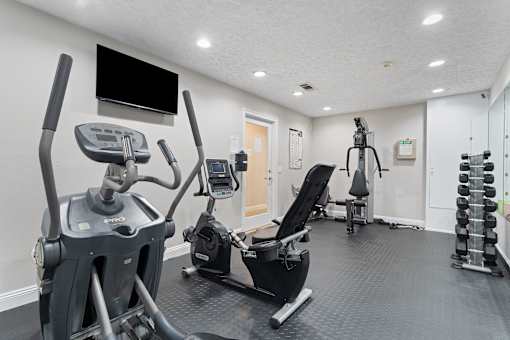the gym has cardio equipment and a flat screen tv
