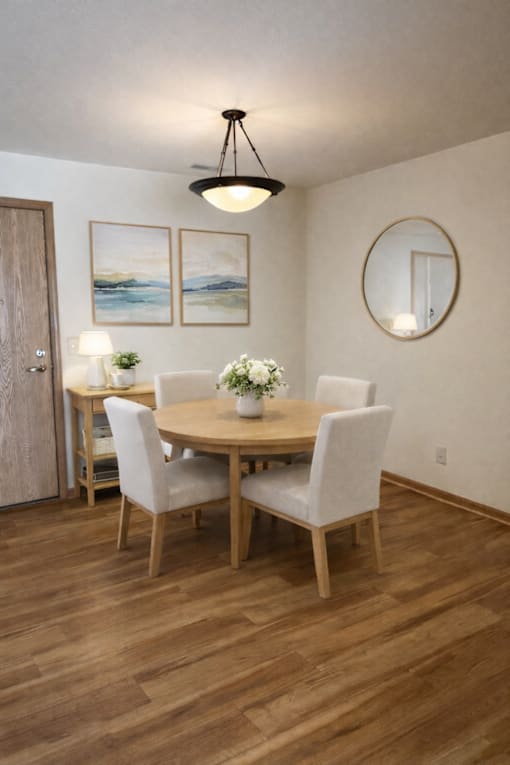 A dining room with a wooden table and chairs.