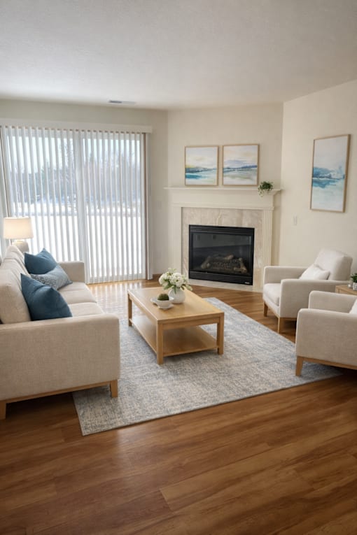 A living room with a fireplace and a couch.