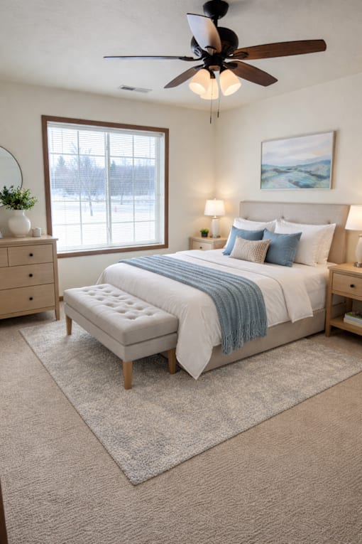 A bedroom with a bed, bench, and a ceiling fan.