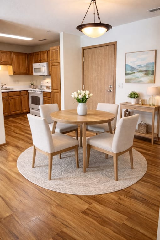 A dining room with a table and chairs.