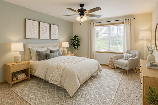 A bedroom with a large bed, a chair, and a ceiling fan.