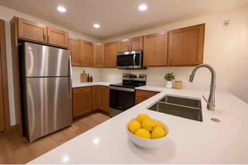 A kitchen with a bowl of lemons on the counter.