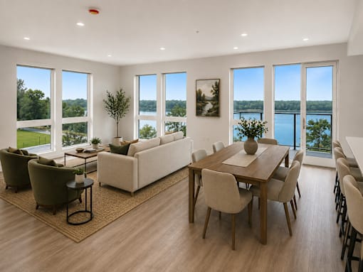 A modern living room with a large window overlooking a lake.