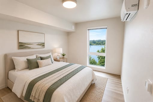A bedroom with a large bed and a window overlooking a body of water.