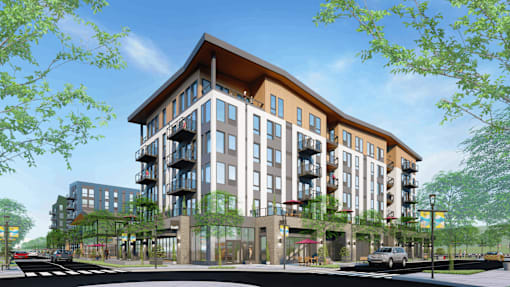 A modern apartment building with a curved wooden roof and balconies.