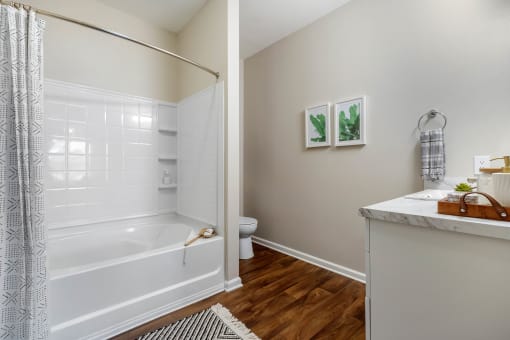 a bathroom with a bathtub and a sink