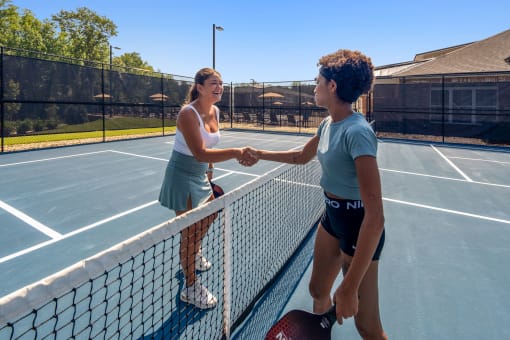 two women shaking hands over the net on a tennis court
