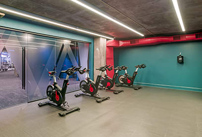 a group of spin bikes in a gym with a blue wall and a glass door
