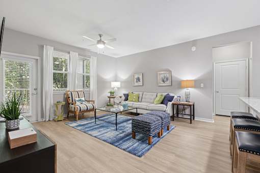 A living room with a blue rug and a white couch.