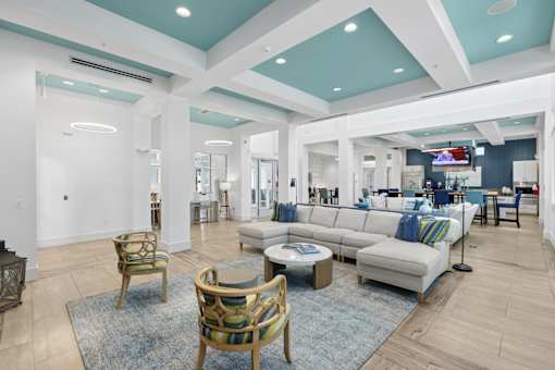 A living room with a white couch and a blue rug.