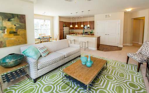 A living room with a couch, coffee table, and a patterned rug.