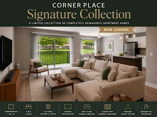 A living room with a couch, chairs, and a coffee table is shown in an advertisement for the Corner Place Signature Collection.