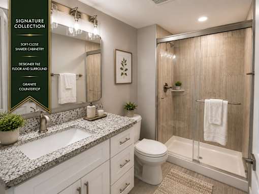 A bathroom with granite countertops and a white toilet.