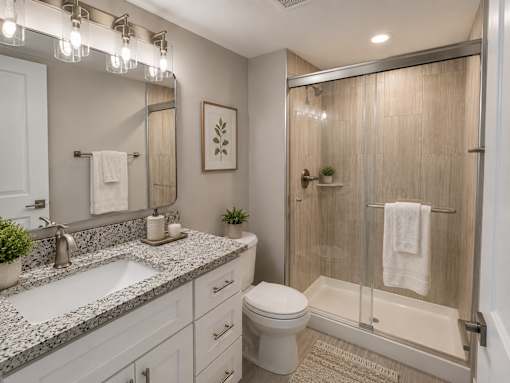 A bathroom with a sink, toilet, and shower.