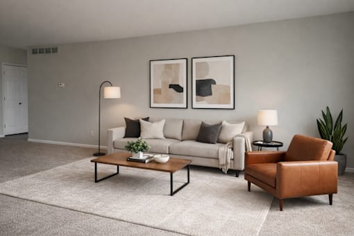A living room with a white couch, a brown leather chair, and two framed artworks on the wall.