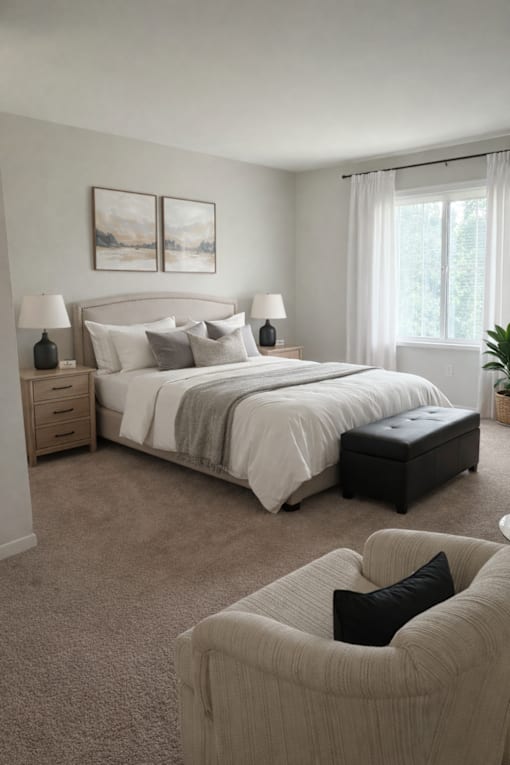 A bedroom with a large bed, a nightstand with a lamp, a chair with a cushion, and a painting on the wall.