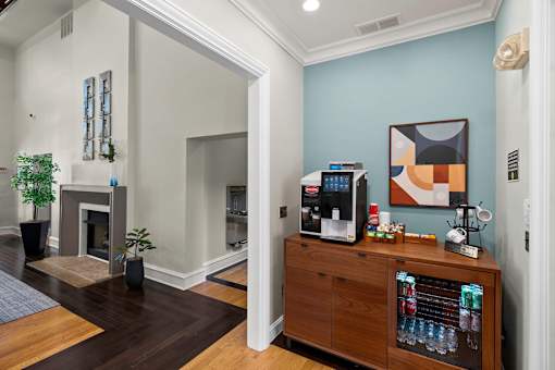 Resident coffee station near clubhouse great room - Belle Harbour Apartments