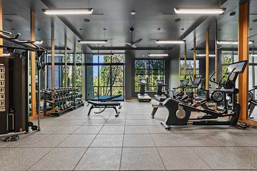 Fitness center with forest views and fresh air deck - Willow Apartments