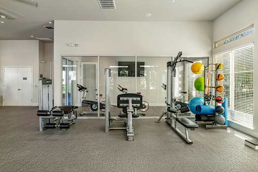 A spacious gym with a variety of equipment including treadmills, weights, and exercise balls.